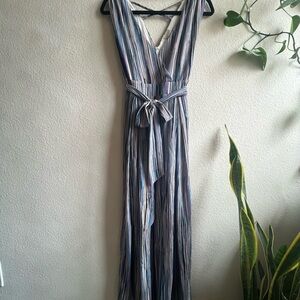 Opening Ceremony Striped Blue Sleeveless Jumpsuit V-neck
